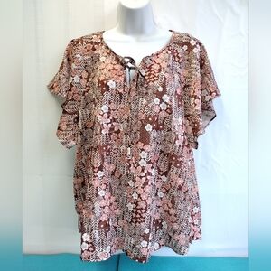 NWT Camisa Womens Floral Short Sleeve Blouse Pullover  Brown Pink 2XL